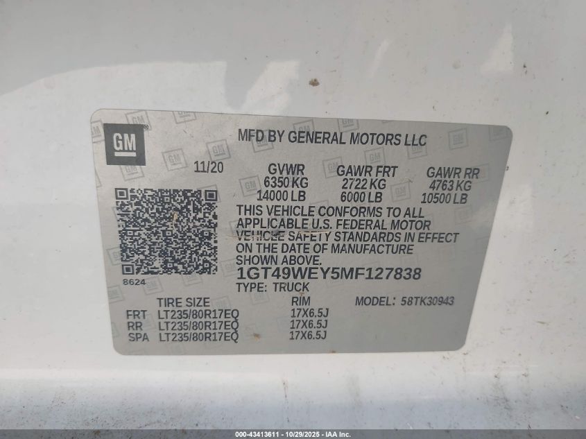 2021 GMC Sierra 3500Hd 4Wd Long Bed Denali VIN: 1GT49WEY5MF127838 Lot: 43413611