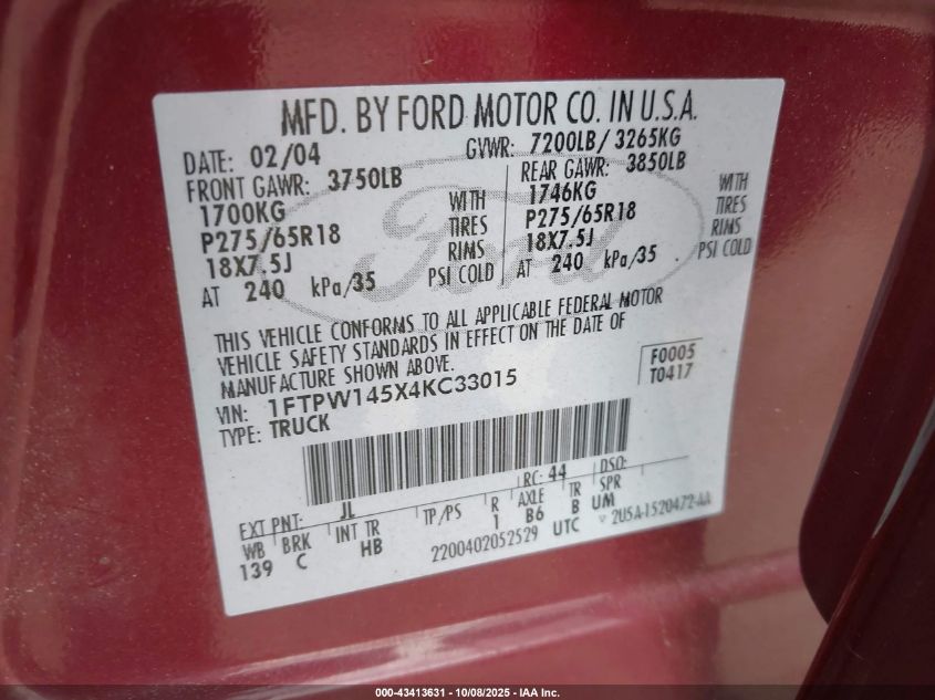 2004 Ford F-150 Fx4/Lariat/Xlt VIN: 1FTPW145X4KC33015 Lot: 43413631