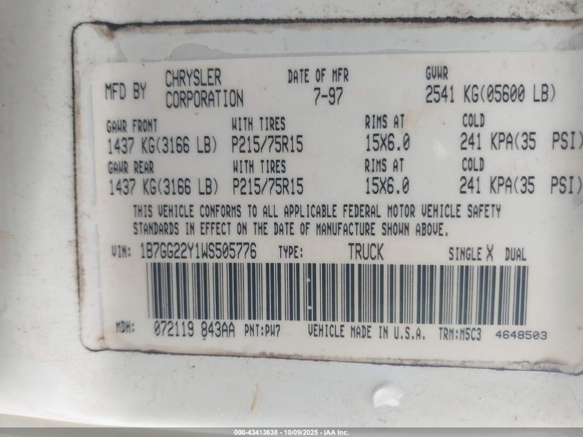 1998 Dodge Dakota Slt/Sport VIN: 1B7GG22Y1WS505776 Lot: 43413638