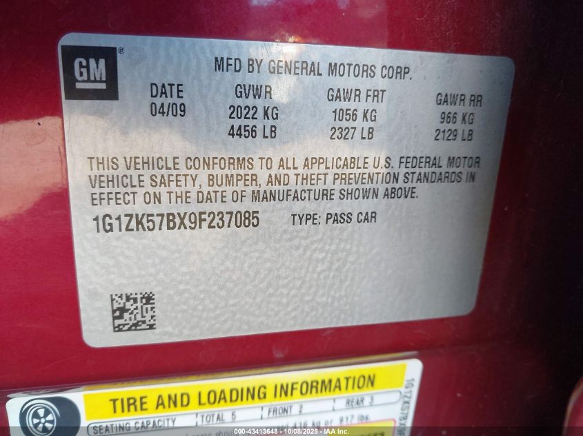 2009 Chevrolet Malibu Ltz VIN: 1G1ZK57BX9F237085 Lot: 43413648