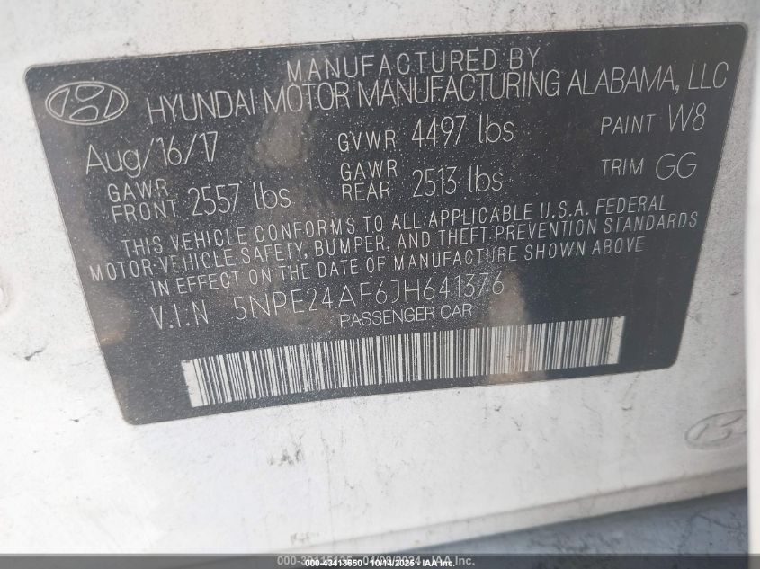 2018 Hyundai Sonata Se VIN: 5NPE24AF6JH641376 Lot: 43413650