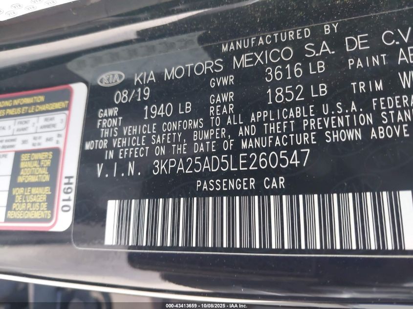 2020 Kia Rio 5-Door S VIN: 3KPA25AD5LE260547 Lot: 43413659