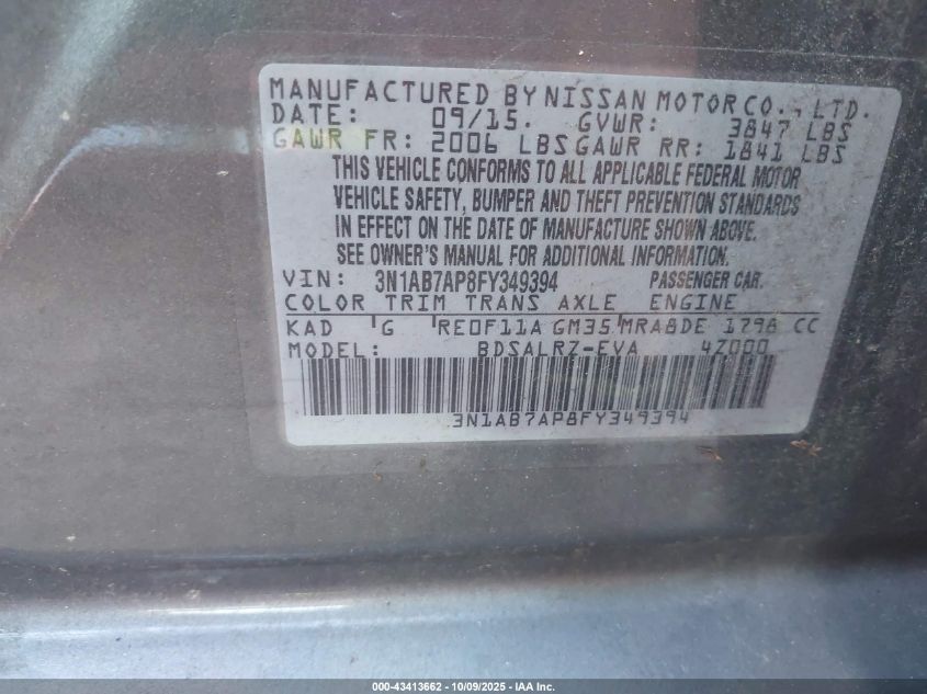 2015 Nissan Sentra Sr VIN: 3N1AB7AP8FY349394 Lot: 43413662