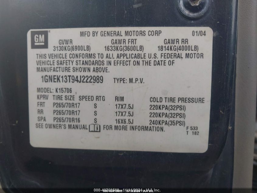 2004 Chevrolet Tahoe Lt VIN: 1GNEK13T94J222989 Lot: 43413669