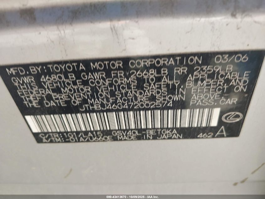 2007 Lexus Es 350 VIN: JTHBJ46G472002574 Lot: 43413670