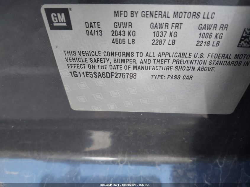 2013 Chevrolet Malibu 2Lt VIN: 1G11E5SA6DF276798 Lot: 43413671