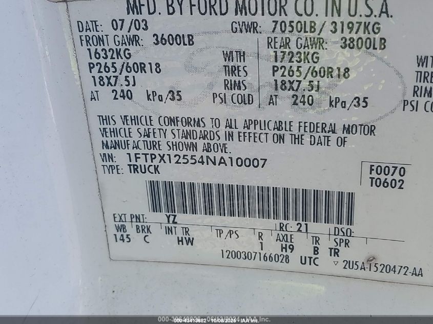 2004 Ford F-150 Lariat/Xl/Xlt VIN: 1FTPX12554NA10007 Lot: 43413682