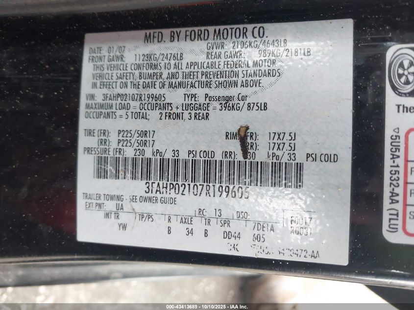 2007 Ford Fusion Sel VIN: 3FAHP02107R199605 Lot: 43413689