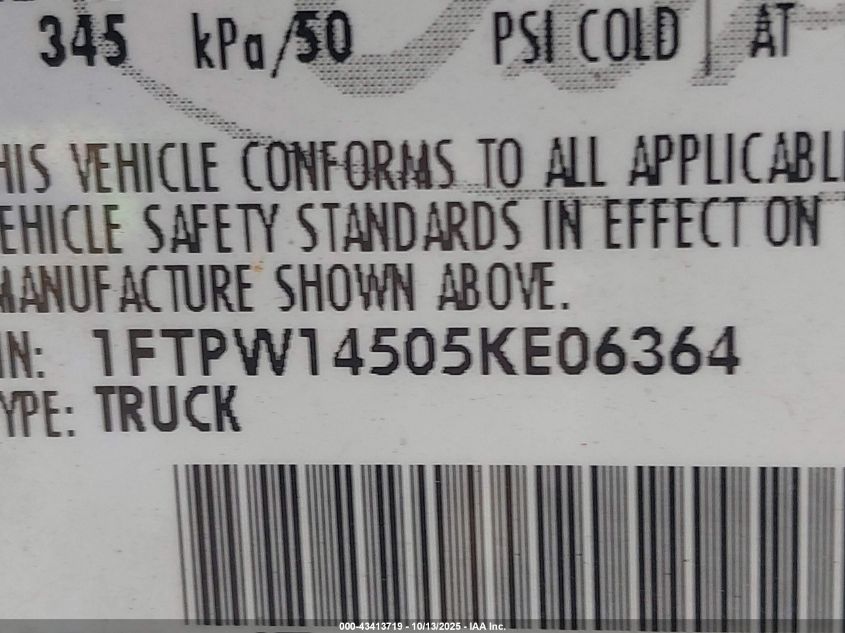 2005 Ford F-150 VIN: 1FTPW14505KE06364 Lot: 43413719