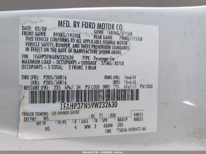 2009 Ford Focus Sel VIN: 1FAHP37N59W232630 Lot: 43413730