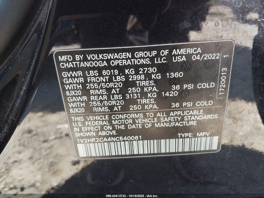 2022 VOLKSWAGEN ATLAS 3.6L V6 SE W/TECHNOLOGY 1V2HR2CA4NC540061