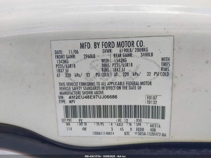 2007 Mercury Mountaineer Premier VIN: 4M2EU48E97UJ06686 Lot: 43413734