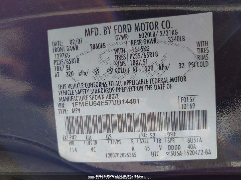 2007 Ford Explorer Eddie Bauer VIN: 1FMEU64E57UB14481 Lot: 43413737