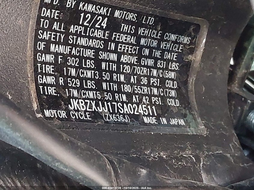 2025 Kawasaki Zx636 K VIN: JKBZXJJ17SA024511 Lot: 43413739