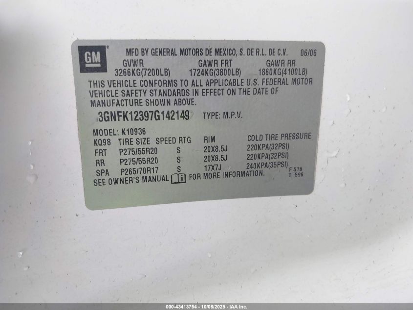 2007 Chevrolet Avalanche 1500 Lt VIN: 3GNFK12397G142149 Lot: 43413754