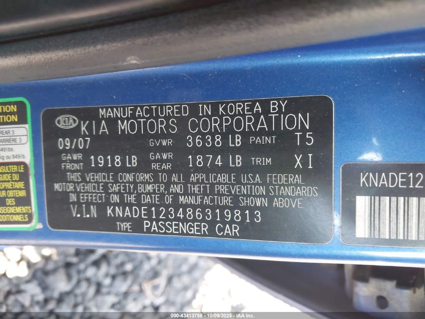 2008 Kia Rio Lx VIN: KNADE123486319813 Lot: 43413758