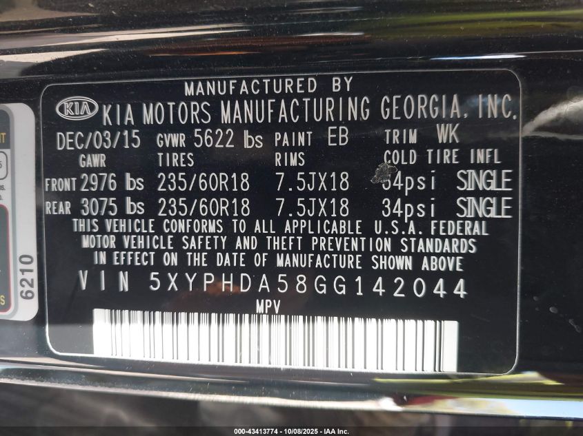 2016 Kia Sorento 3.3L Ex VIN: 5XYPHDA58GG142044 Lot: 43413774