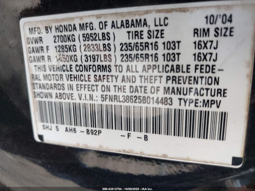 2005 Honda Odyssey Ex-L VIN: 5FNRL38625B014483 Lot: 43413784