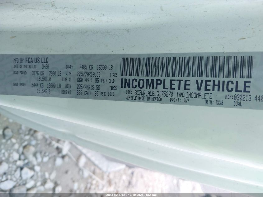 2020 Ram 4500 Chassis Tradesman/Slt VIN: 3C7WRLAL6LG175270 Lot: 43413785