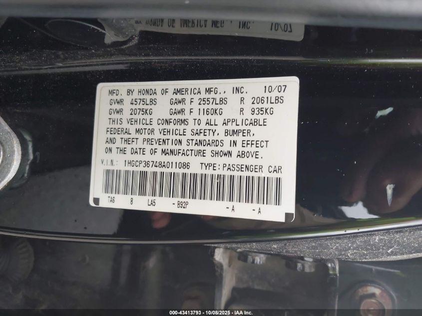 2008 Honda Accord 3.5 Ex VIN: 1HGCP36748A011086 Lot: 43413793