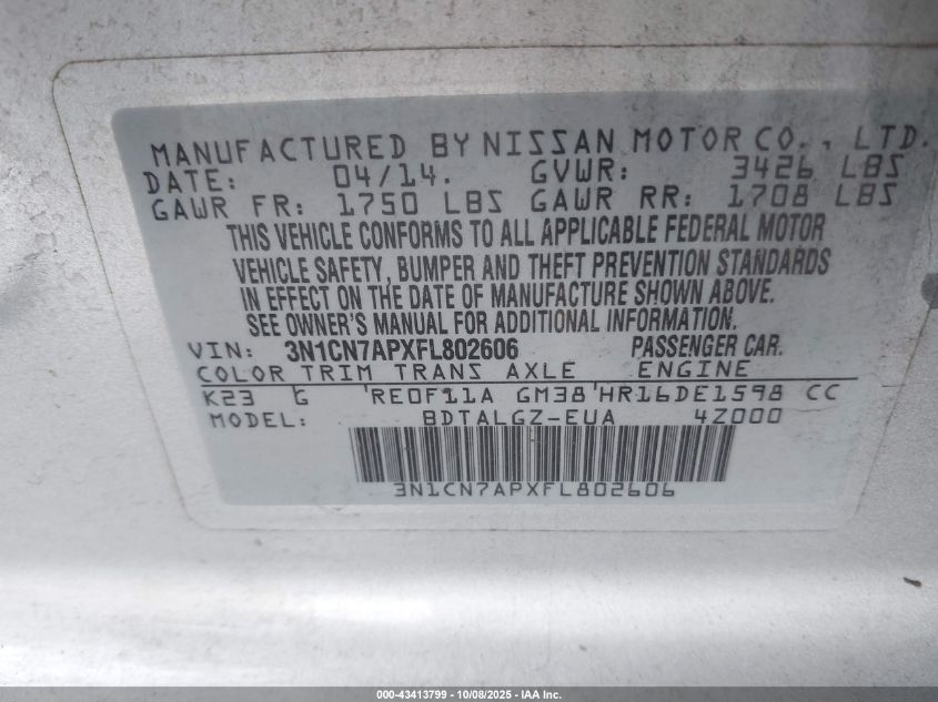 2015 Nissan Versa S/S Plus/Sv/Sl VIN: 3N1CN7APXFL802606 Lot: 43413799