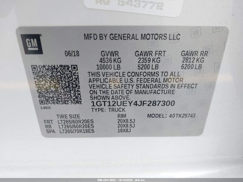 2018 GMC Sierra K2500 Denali VIN: 1GT12UEY4JF287300 Lot: 43413803