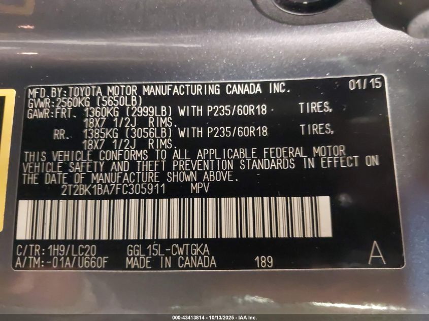 2015 Lexus Rx 350 VIN: 2T2BK1BA7FC305911 Lot: 43413814