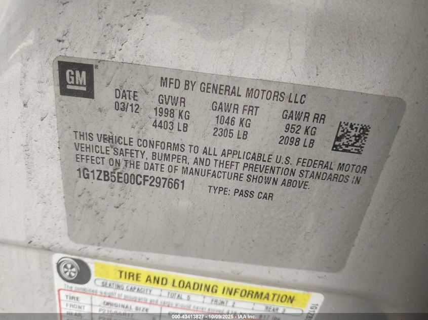 2012 Chevrolet Malibu Ls VIN: 1G1ZB5E00CF297661 Lot: 43413827