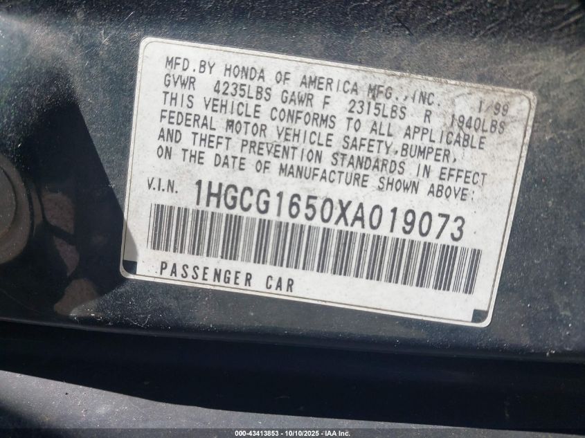 1999 Honda Accord Ex V6 VIN: 1HGCG1650XA019073 Lot: 43413853