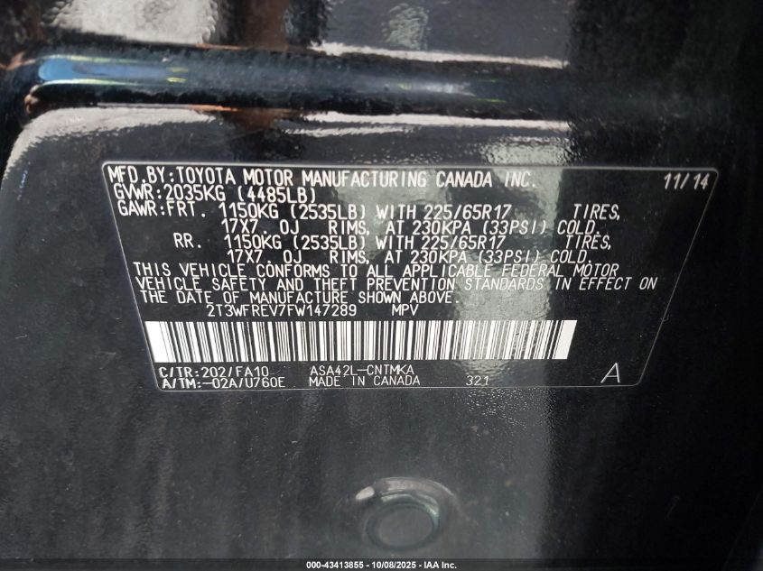 2015 Toyota Rav4 Xle VIN: 2T3WFREV7FW147289 Lot: 43413855