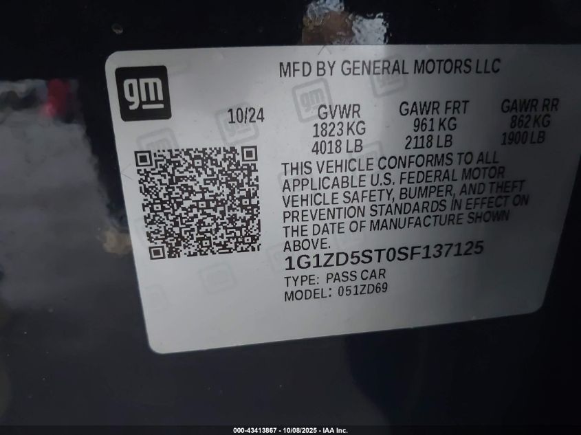 2025 Chevrolet Malibu Fwd 1Lt VIN: 1G1ZD5ST0SF137125 Lot: 43413867