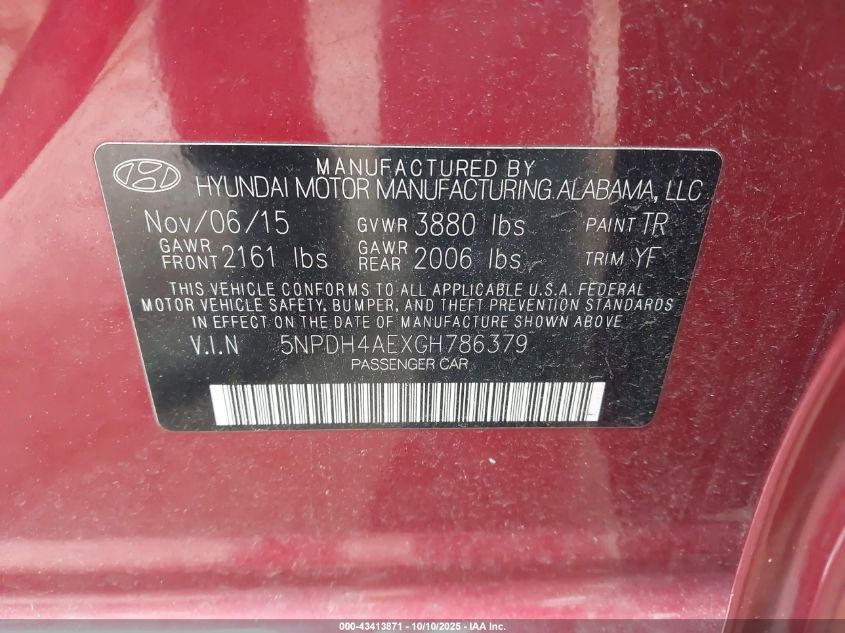 2016 Hyundai Elantra Se VIN: 5NPDH4AEXGH786379 Lot: 43413871