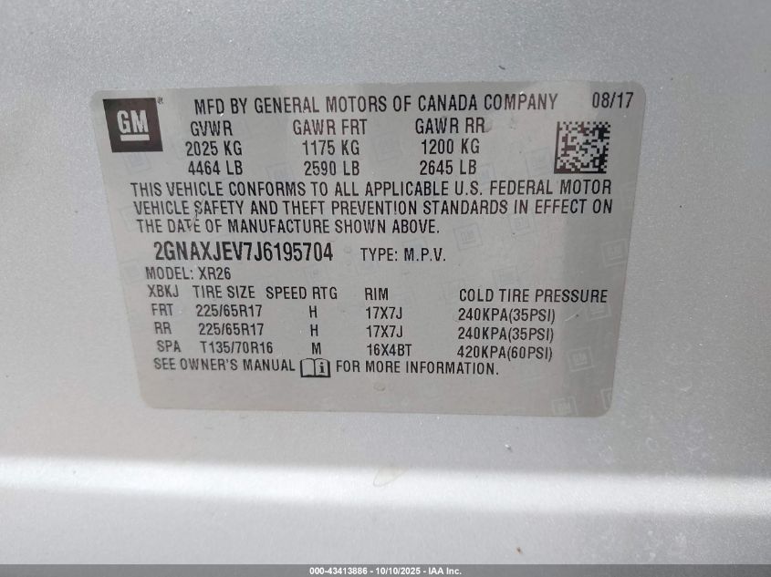 2018 Chevrolet Equinox Lt VIN: 2GNAXJEV7J6195704 Lot: 43413886