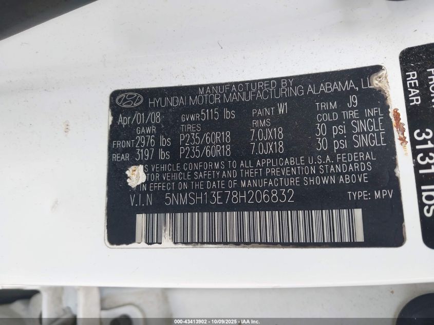 2008 Hyundai Santa Fe Limited/Se VIN: 5NMSH13E78H206832 Lot: 43413902