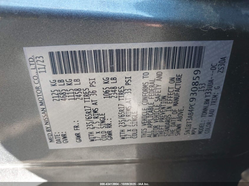 2023 Nissan Rogue S Intelligent Awd VIN: 5N1BT3AB4PC930859 Lot: 43413904