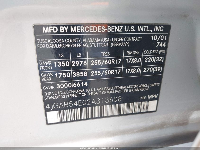 2002 Mercedes-Benz Ml 320 VIN: 4JGAB54E02A313608 Lot: 43413911