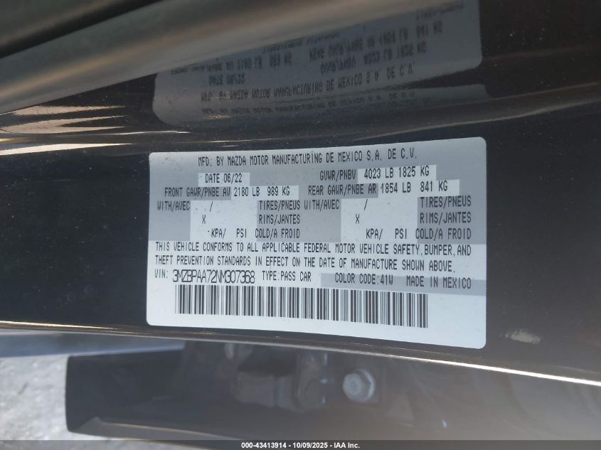 2022 Mazda Mazda3 2.0 VIN: 3MZBPAA72NM307368 Lot: 43413914