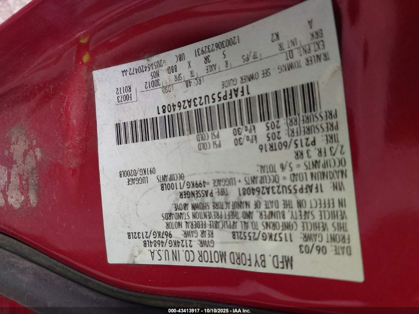 2003 Ford Taurus Ses VIN: 1FAFP55U23A264081 Lot: 43413917