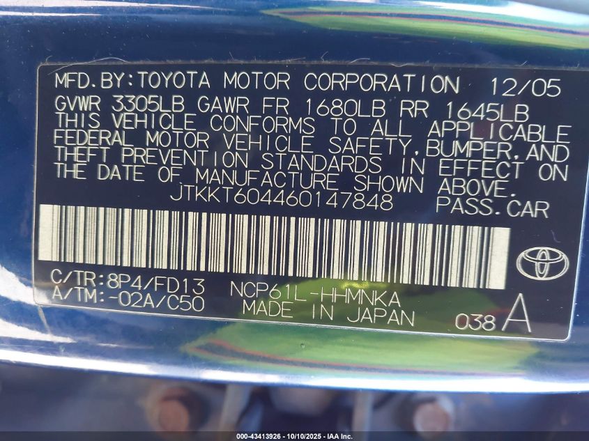 2006 Scion Xa VIN: JTKKT604460147848 Lot: 43413926