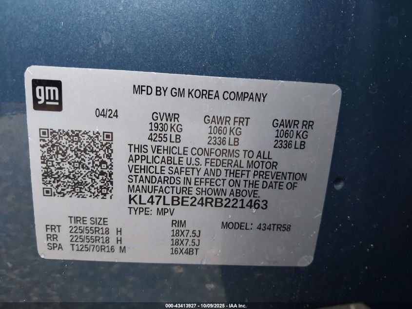 2024 Buick Envista Sport Touring Fwd VIN: KL47LBE24RB221463 Lot: 43413927