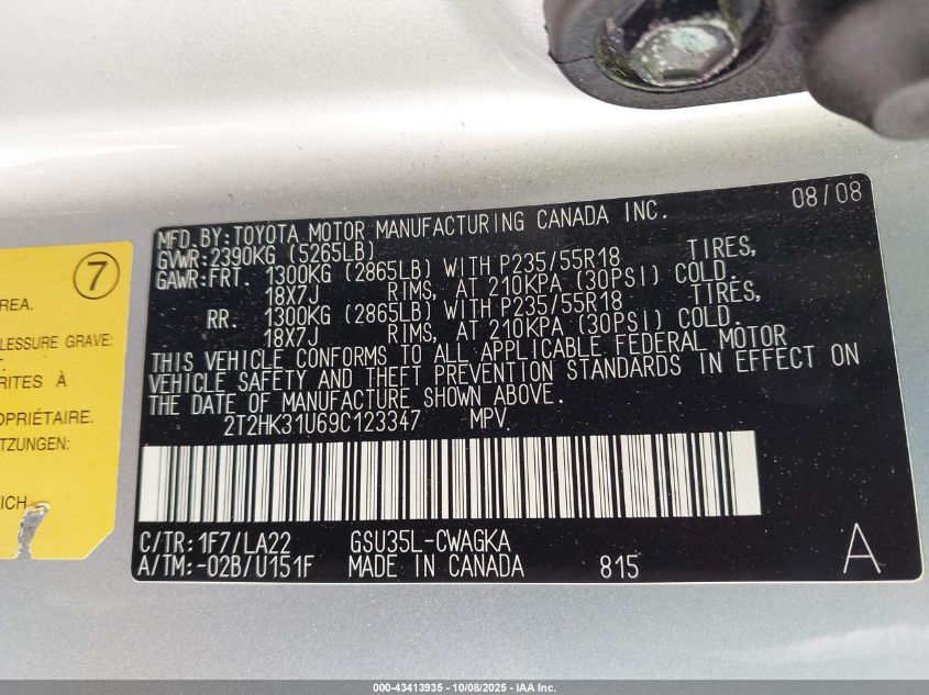 2009 Lexus Rx 350 VIN: 2T2HK31U69C123347 Lot: 43413935