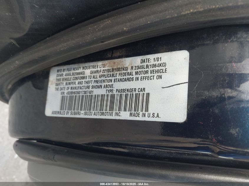 2001 Subaru Legacy L VIN: 4S3BH635017307401 Lot: 43413953