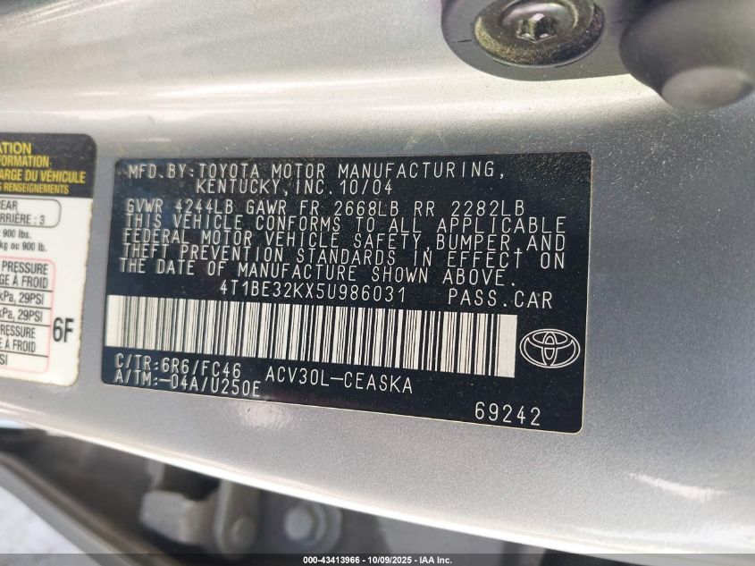 2005 Toyota Camry Se VIN: 4T1BE32KX5U986031 Lot: 43413966