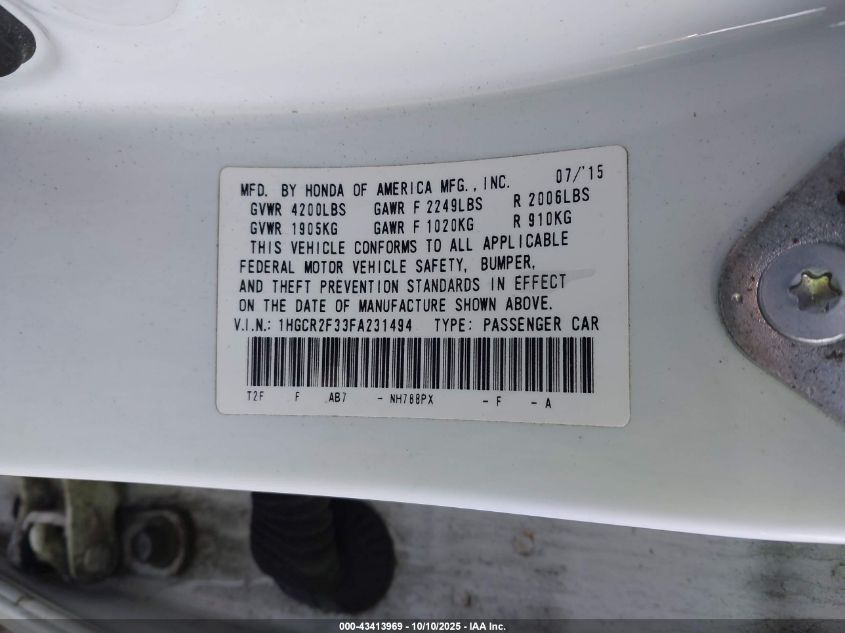 2015 Honda Accord Lx VIN: 1HGCR2F33FA231494 Lot: 43413969