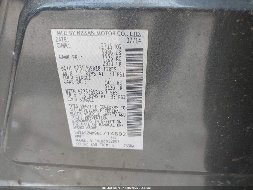 2014 Nissan Pathfinder S VIN: 5N1AR2MM9EC714892 Lot: 43413970