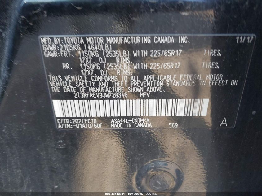 2018 Toyota Rav4 Xle VIN: 2T3RFREV9JW728346 Lot: 43413991