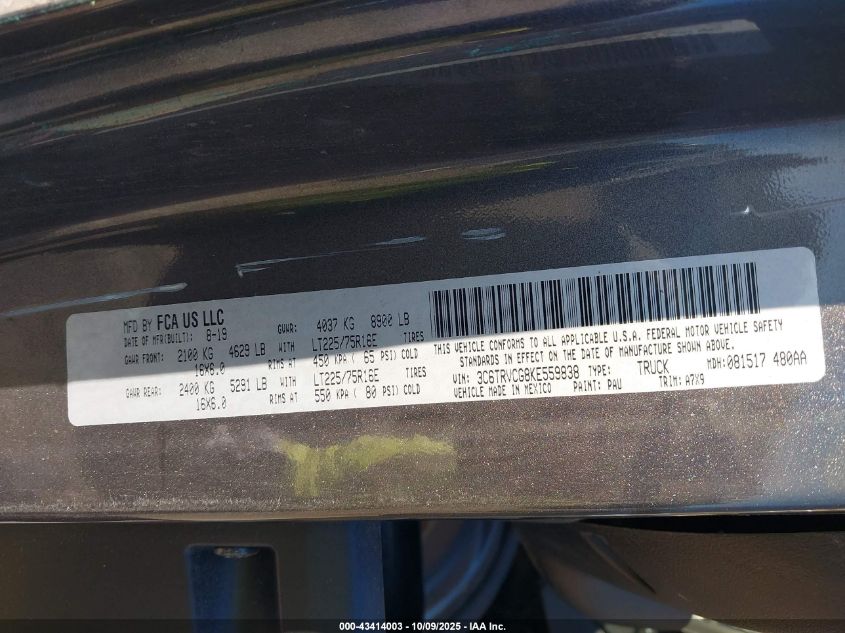 2019 Ram Promaster 2500 High Roof 136 Wb VIN: 3C6TRVCG8KE559838 Lot: 43414003