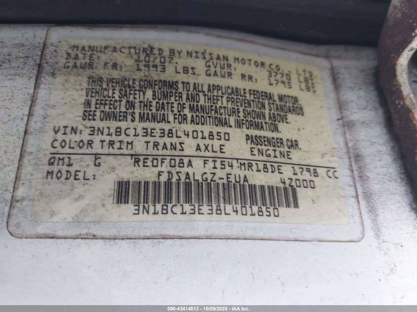 2008 Nissan Versa 1.8Sl VIN: 3N1BC13E38L401850 Lot: 43414013