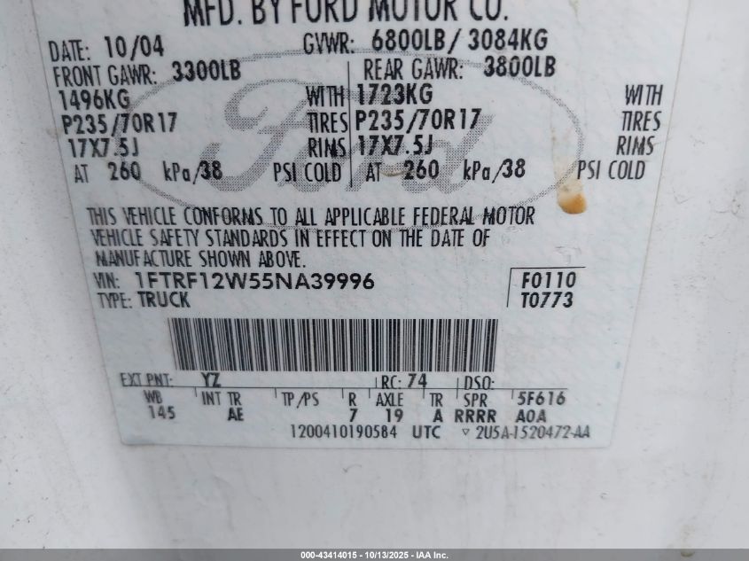 2005 Ford F-150 Stx/Xl/Xlt VIN: 1FTRF12W55NA39996 Lot: 43414015