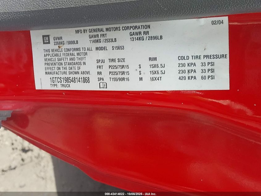 2004 GMC Canyon Sle VIN: 1GTCS198548141868 Lot: 43414022